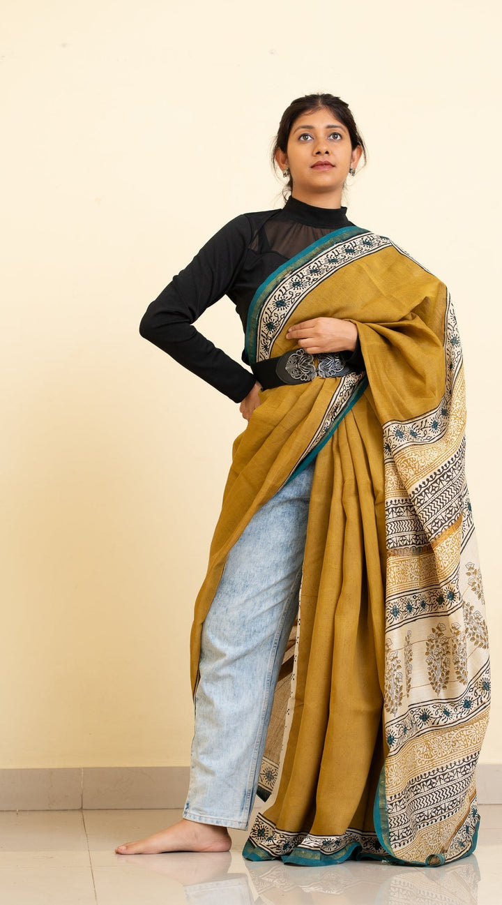 Mustard Bagru Handblock printed Chanderi Silk Cotton Saree Weekday Wonder | SHOBITAM