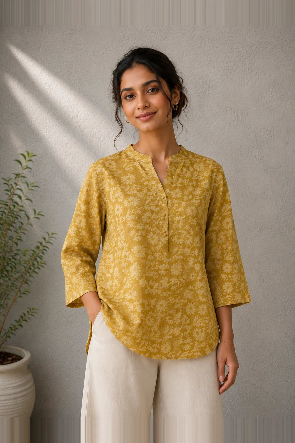 Mustard Hand Batik Khadi Cotton Top | SHOBITAM