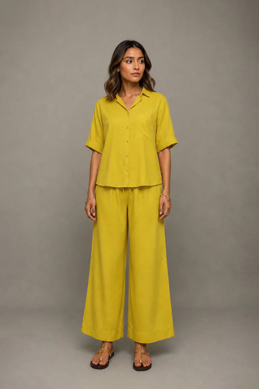 Plantain Yellow Co-Ord Shirt & Wide Leg Pant Set | SHOBITAM