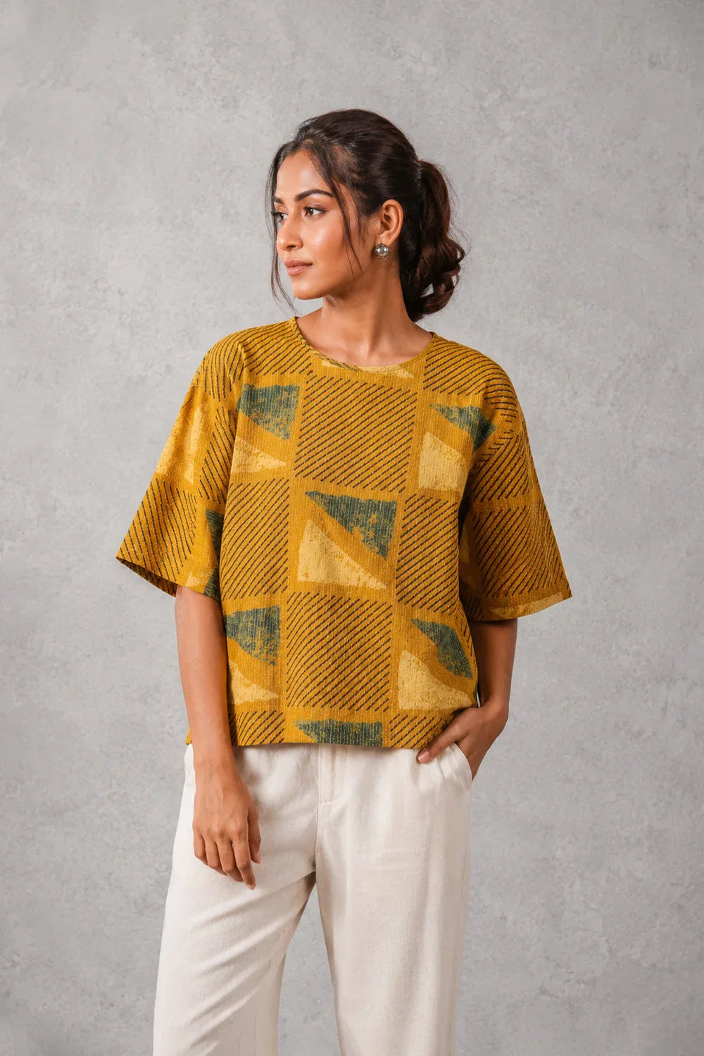 Mustard Yellow Cotton Ajrakh Top | SHOBITAM