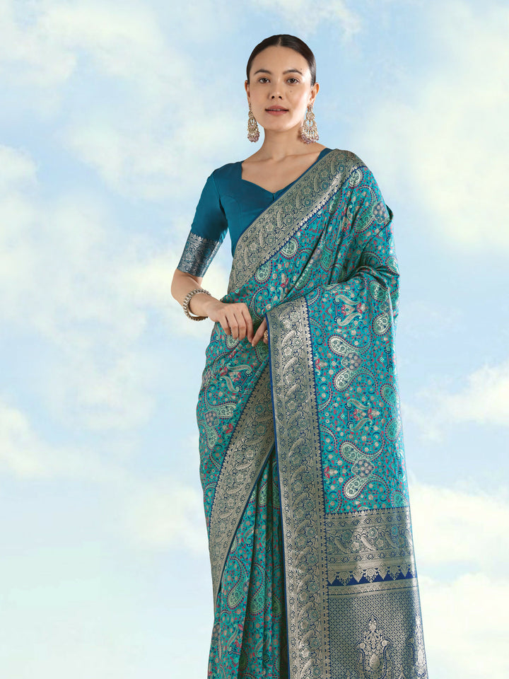 Turquoise Banarasi Semi Silk Saree With Traditional Paisley Weaves | SHOBITAM