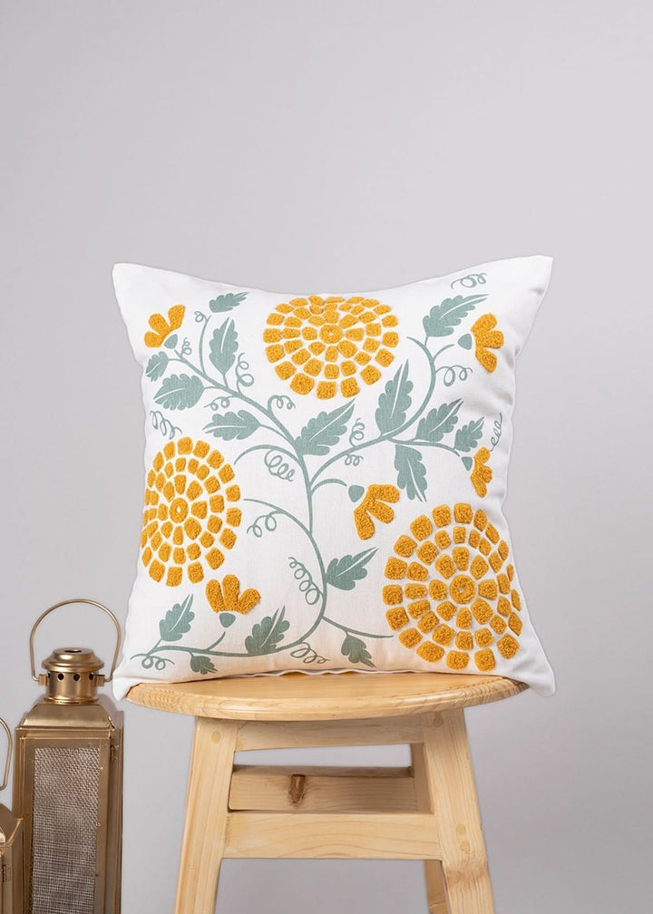 Marigold Blooms 16 x 16 100% cotton embroidered decorative cushion cover for sofa - Off White