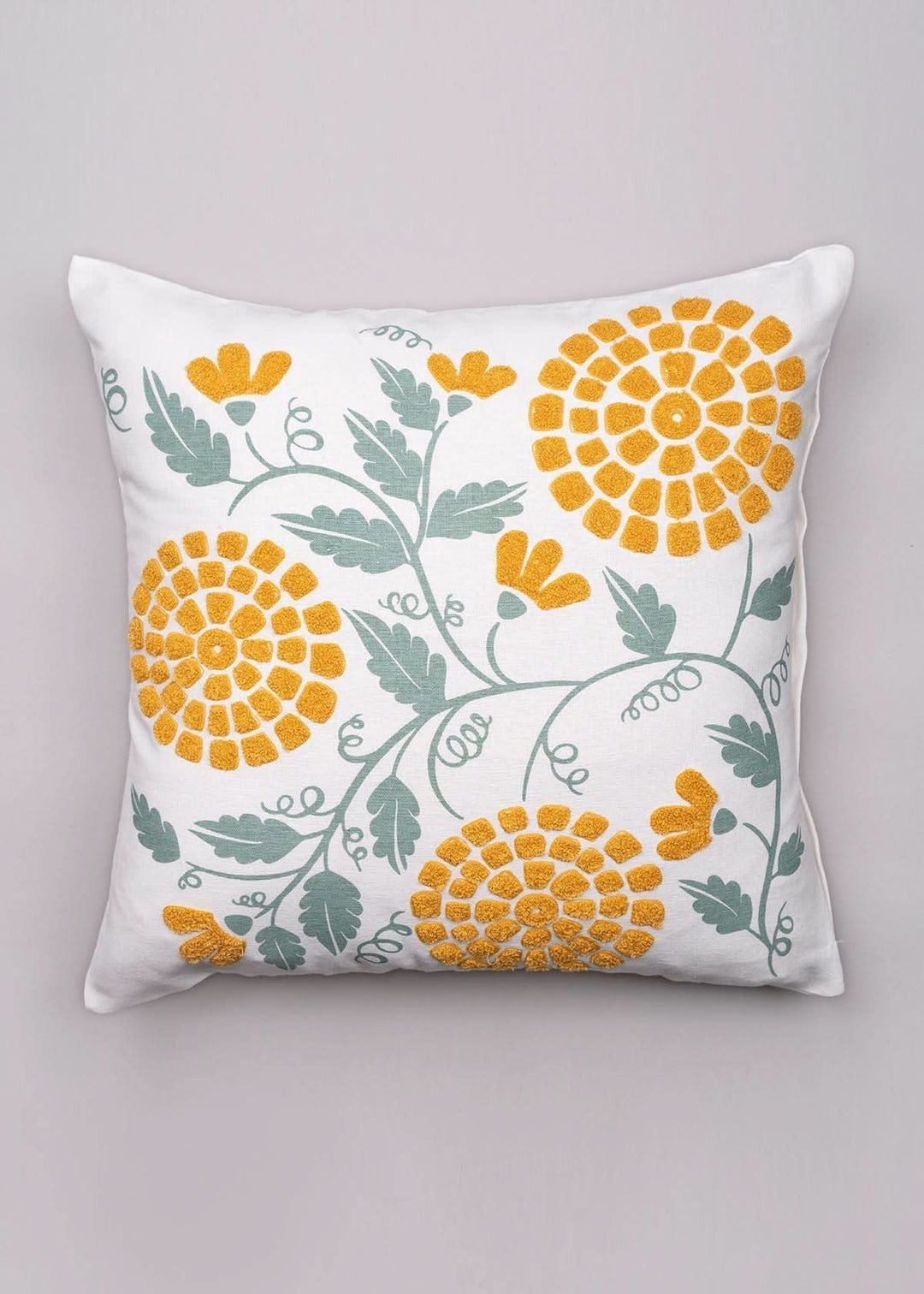 Marigold Blooms 16 x 16 100% cotton embroidered decorative cushion cover for sofa - Off White