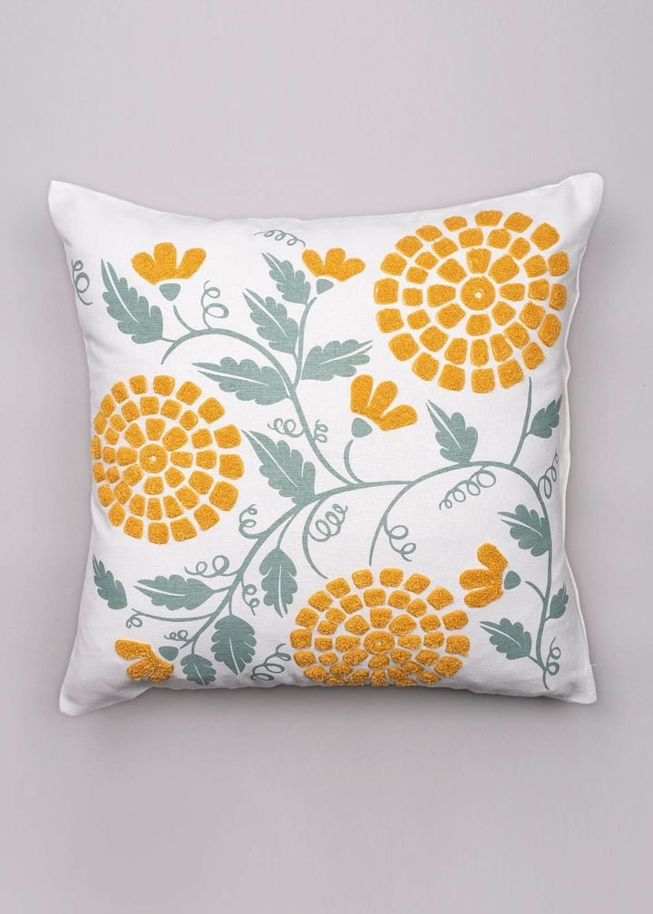 Marigold Blooms 16 x 16 100% cotton embroidered decorative cushion cover for sofa - Off White