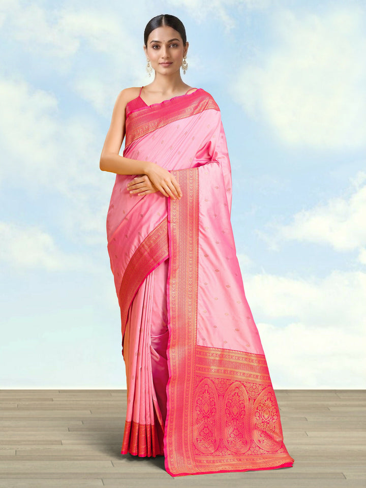 Light Pink Banarasi Silk Blend Zari Work Saree | SHOBITAM
