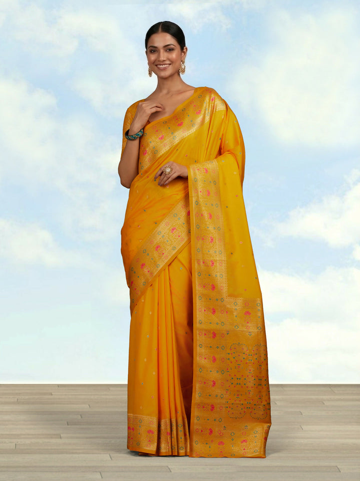 Yellow Banarasi Silk Blend Saree Comes with Unstitched blouse piece | SHOBITAM