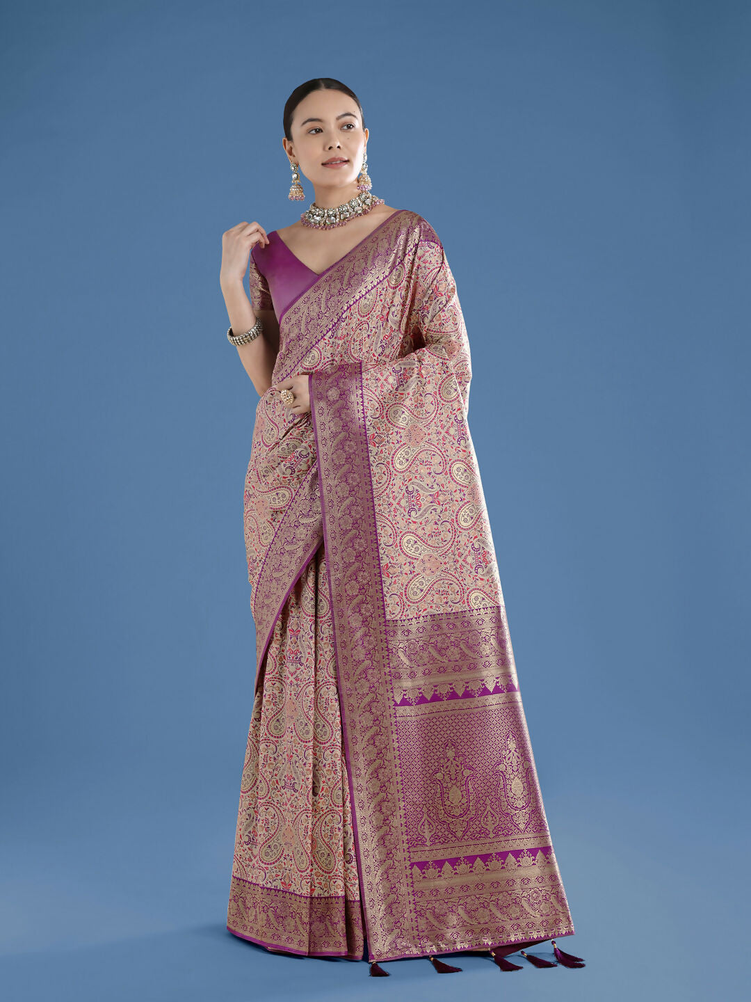 Beige Banarasi Semi Silk Saree With Traditional Paisley Weaves | SHOBITAM