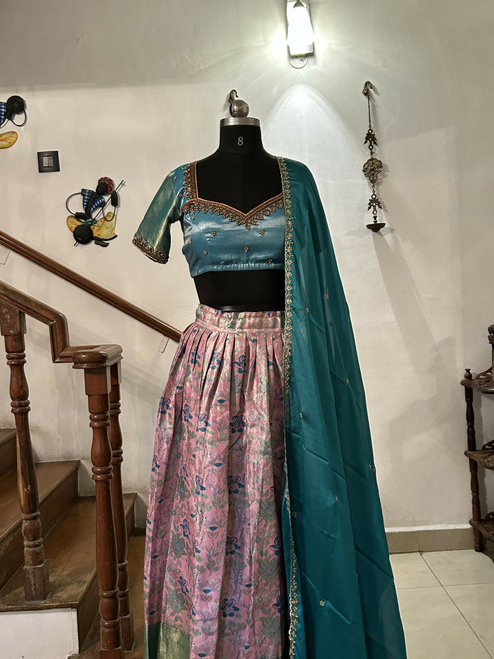 Yuvathi Rose pink tissue half saree /lehenga set with aari work