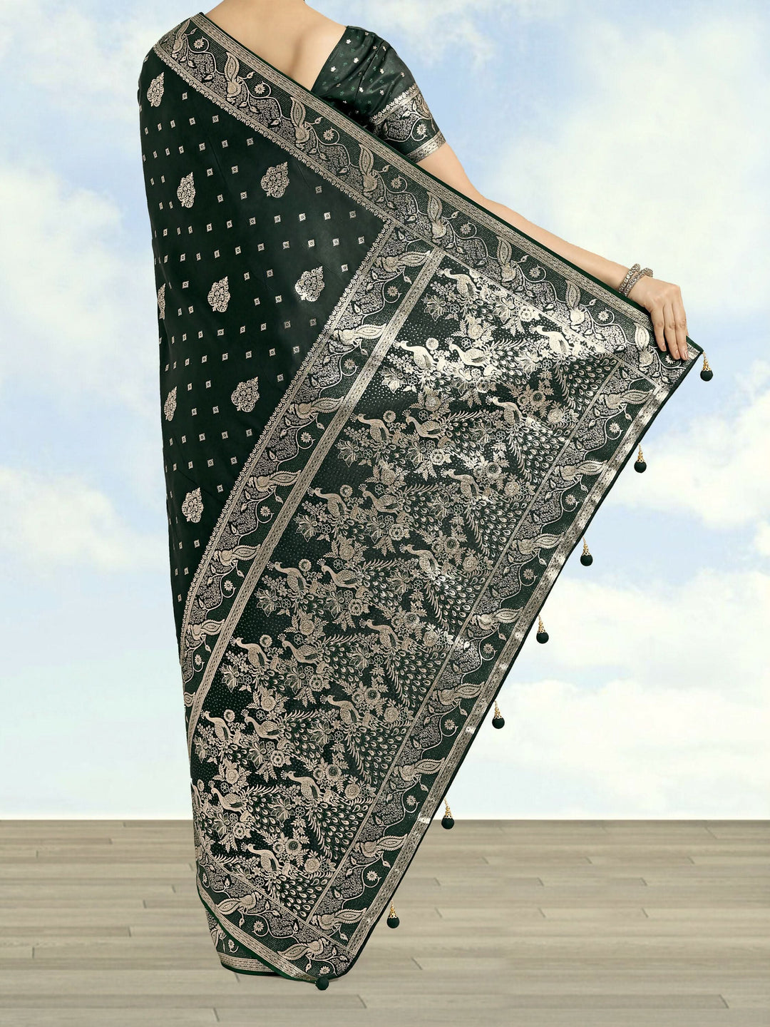 Dark Geen Woven Banarasi Satin Silk Saree | SHOBITAM