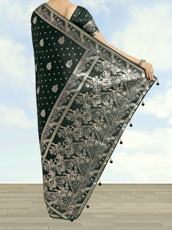 Dark Geen Woven Banarasi Satin Silk Saree | SHOBITAM