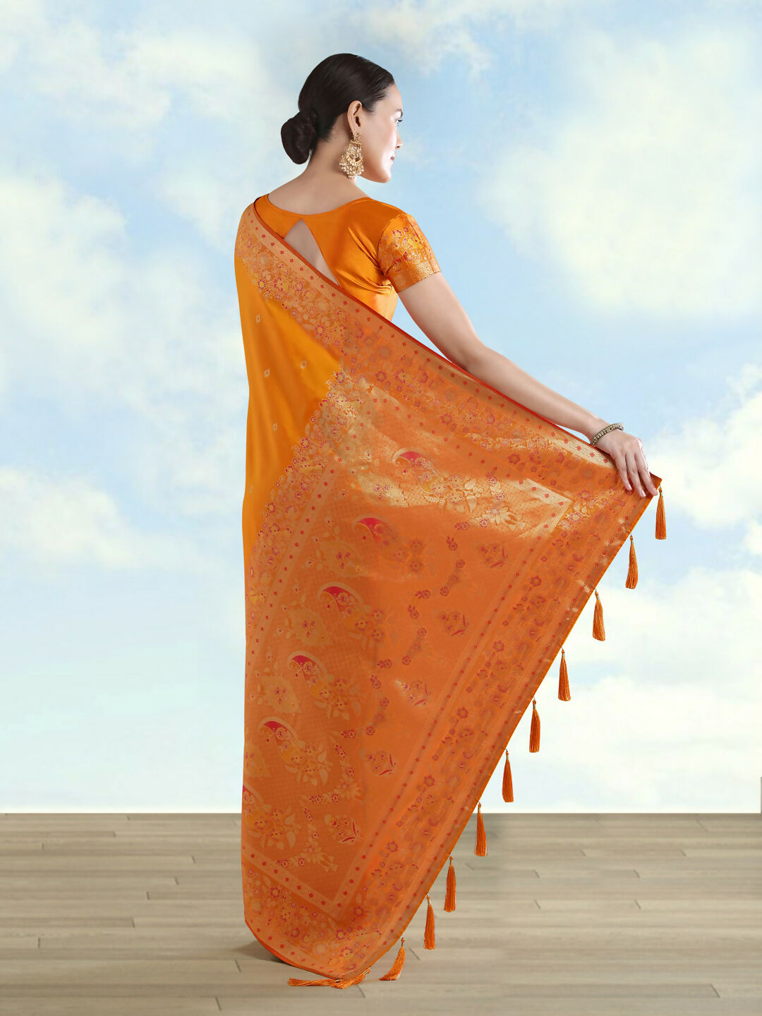 Orange Semi Banarasi Satin silk Saree With Zari Border And Butti Work  | SHOBITAM