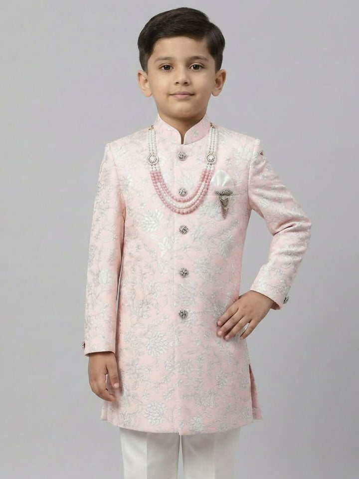 Boys Embroidered Light Pink Indo Western Sherwani Set and Trouser | SHOBITAM
