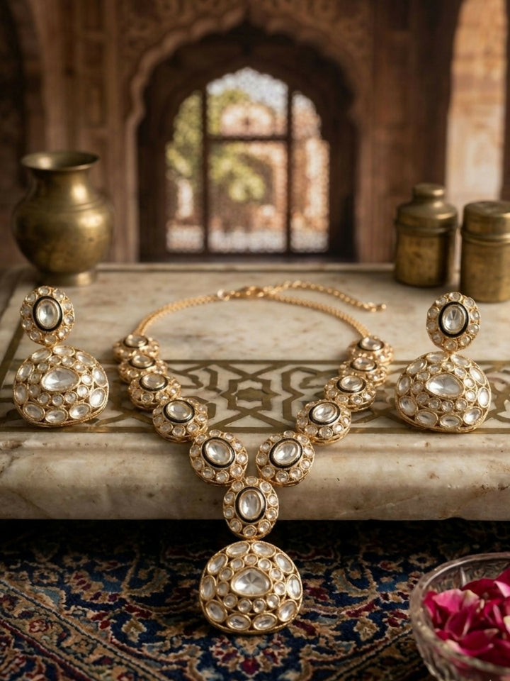 Classic Kundan Statement Necklace Set with Earrings | shobitam
