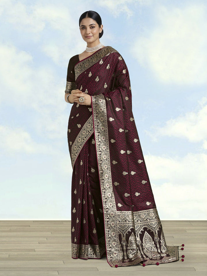 Maroon Banarasi Satin Silk Saree | SHOBITAM