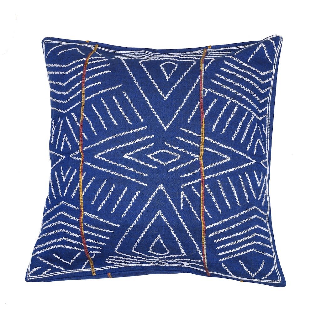 Navy White Kantha Cotton Sofa Cushion Cover - Pack of 1 | SHOBITAM