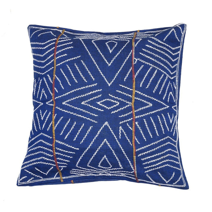 Navy White Kantha Cotton Sofa Cushion Cover - Pack of 1 | SHOBITAM