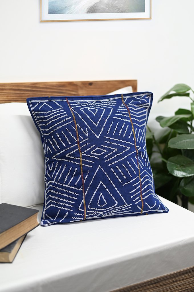 Navy White Kantha Cotton Sofa Cushion Cover - Pack of 1 | SHOBITAM