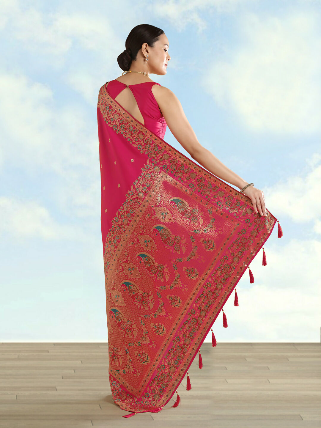Rani Pink Semi Banarasi Satin silk Saree With Zari Border And Butti Work  | SHOBITAM