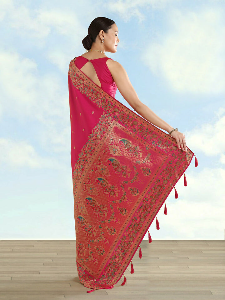 Rani Pink Semi Banarasi Satin silk Saree With Zari Border And Butti Work  | SHOBITAM