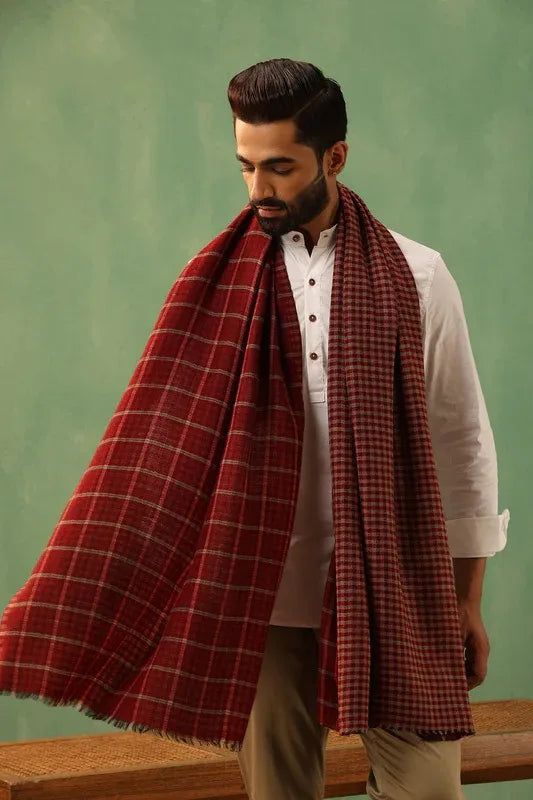Riyaz Maroon Cashmere Checkered Stole for Men | SHOBITAM