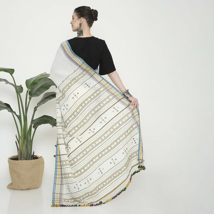 Seashell White Bhujodi Cotton Saree | SHOBITAM