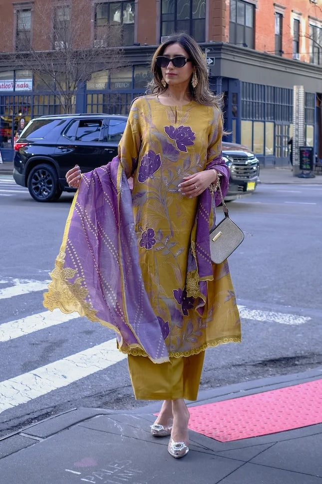 Yellow and Purple Muslin Suit Set With Cut Work Dupatta-SET OF 3 | SHOBITAM