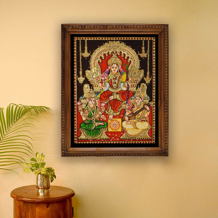 18*14 TANJORE PAINTNING RAJARAJESWARI WITH SARASWATHI AND LAKSHMI Authentic With 22 Ct Gold Foil and Jaipur Gemstones,Unframed | SHOBITAM