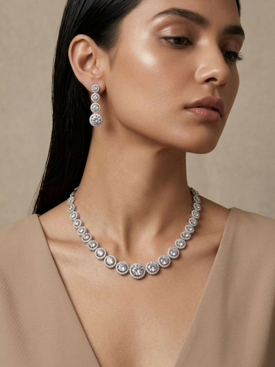 Round Silver Plated American Diamond Necklace Set | SHOBITAM