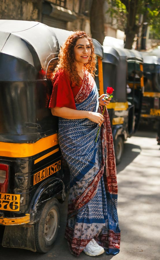 Bombay ki Baarish Dabu Block Printed Indigo Cotton Saree | SHOBITAM