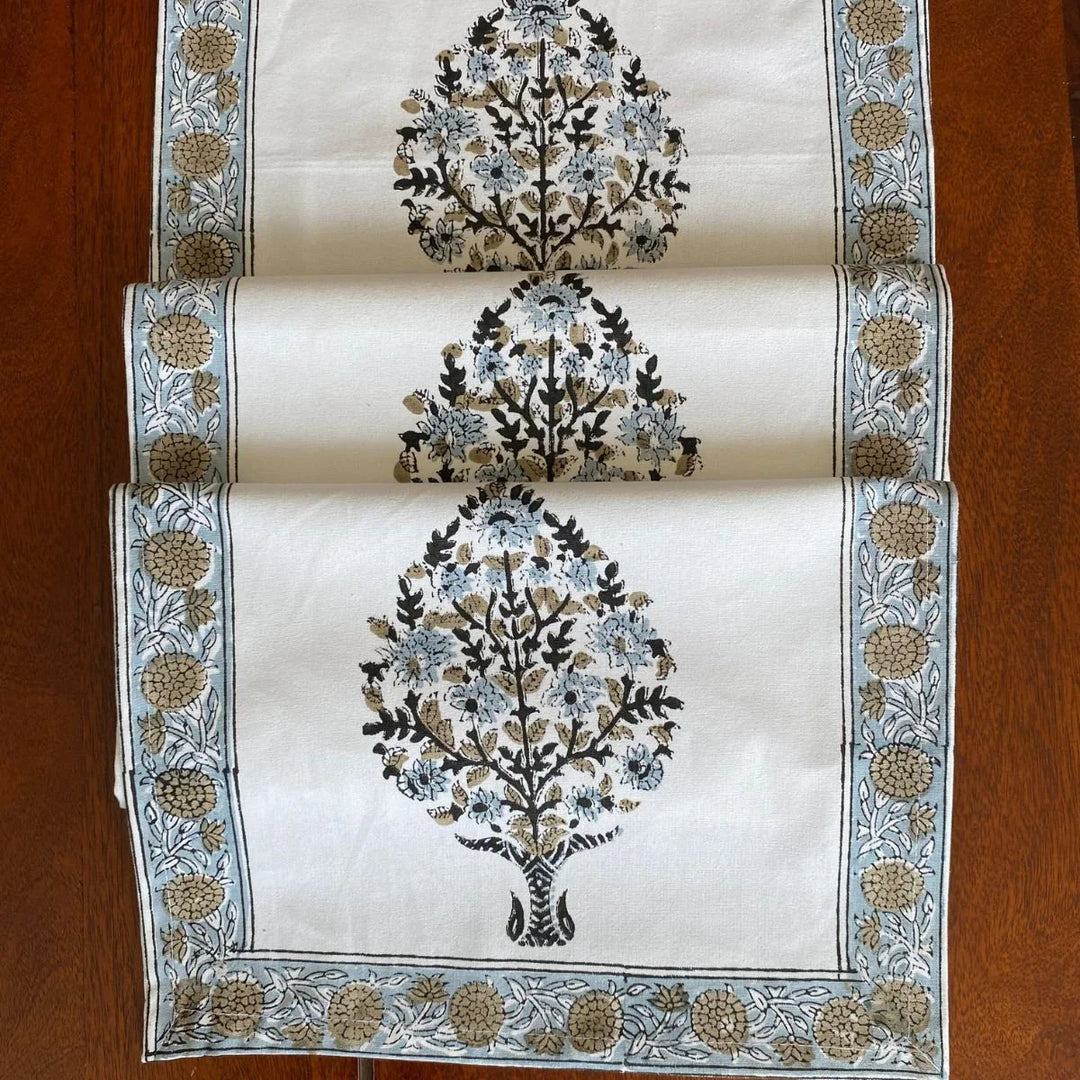 Shiraz Hand Block Printed Table Runner, 100% cotton, 13" x 72"