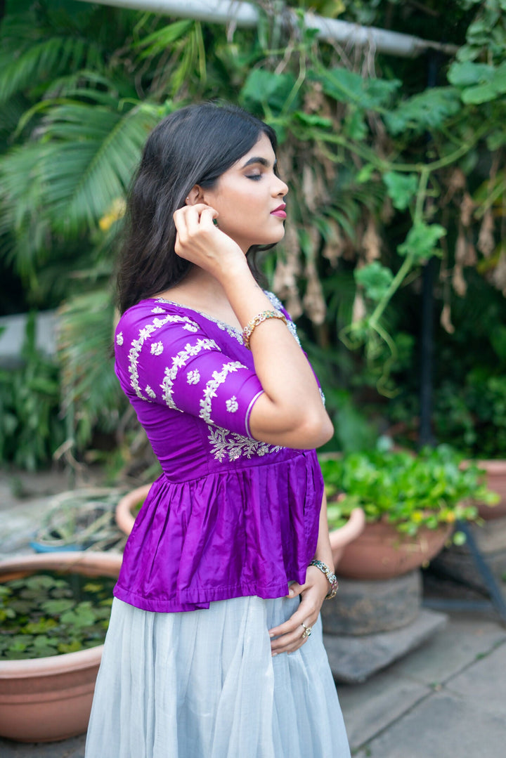 Rich Purple Raw Silk Peplum Blouse & Skirt | SHOBITAM