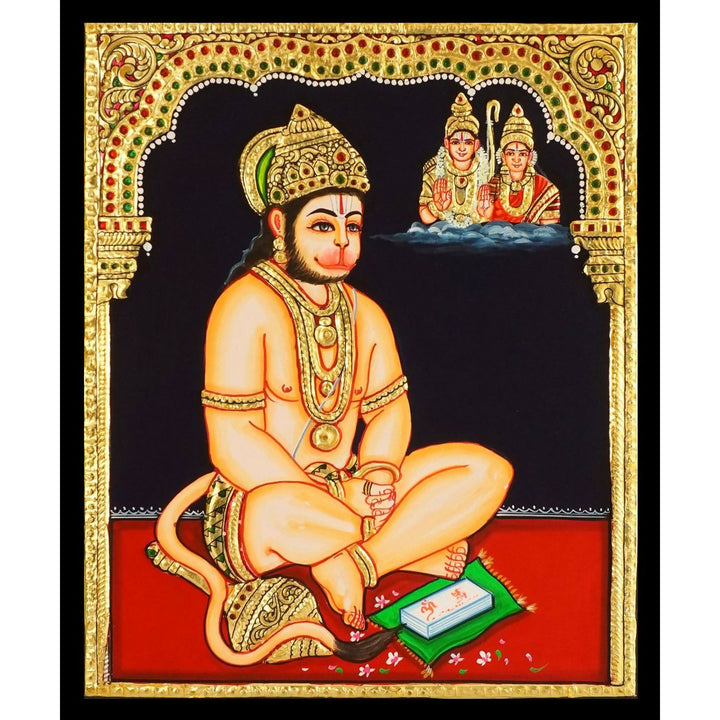 10*12 Authentic TANJORE PAINTING HANUMAN SITTING With 22 Ct gold Foil and Jaipur Gemstones,Unframed | SHOBITAM