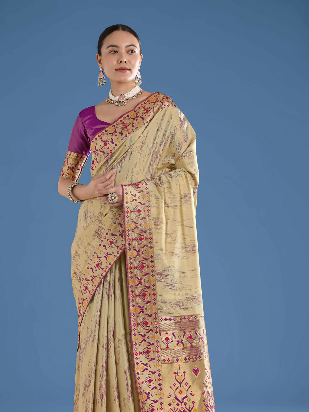 Beige Color Semi Banarasi Tissue Silk Paithani Woven Saree | SHOBITAM