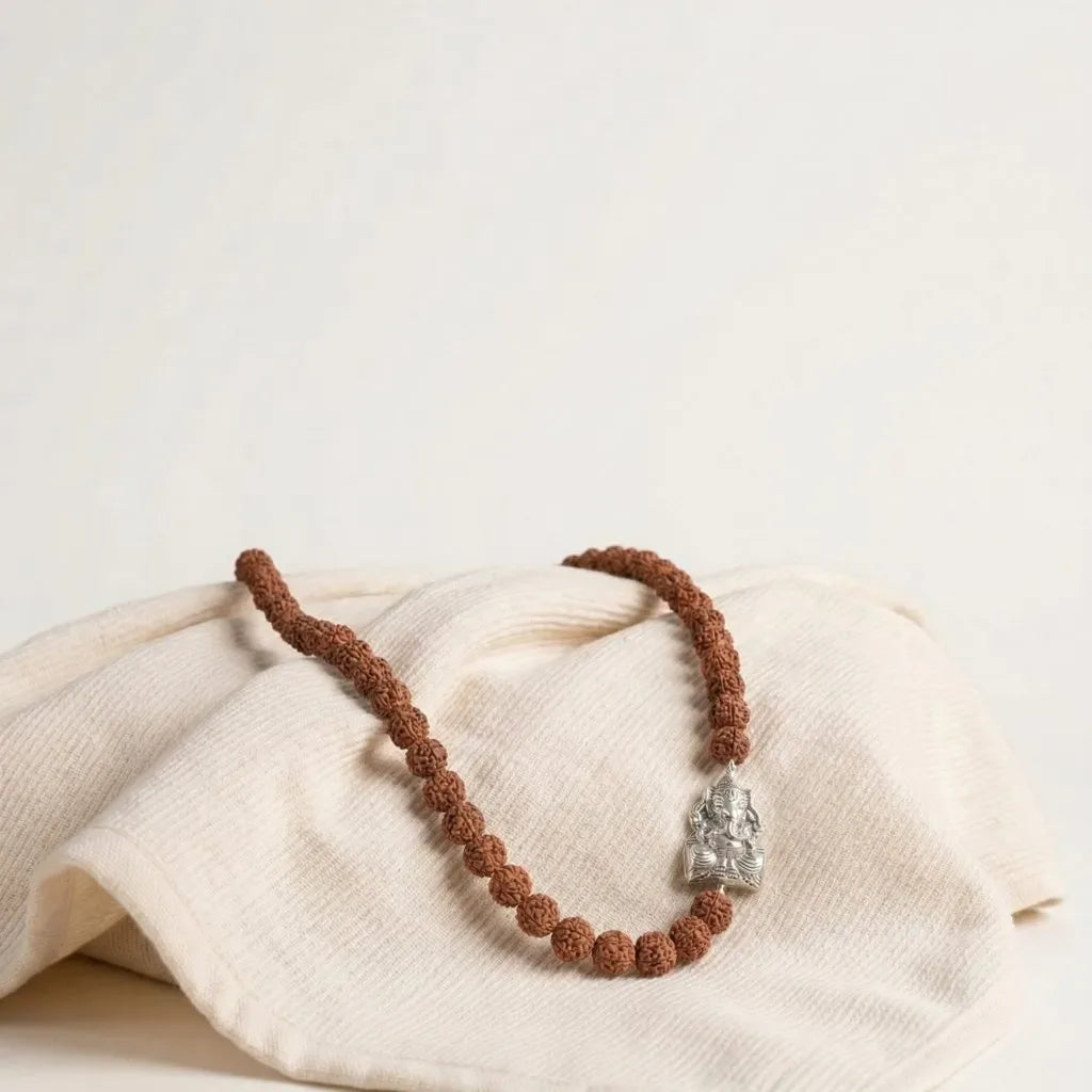 Terracotta  Handcrafted Rudraksha Beaded Necklace with Trishul Pendant | SHOBITAM