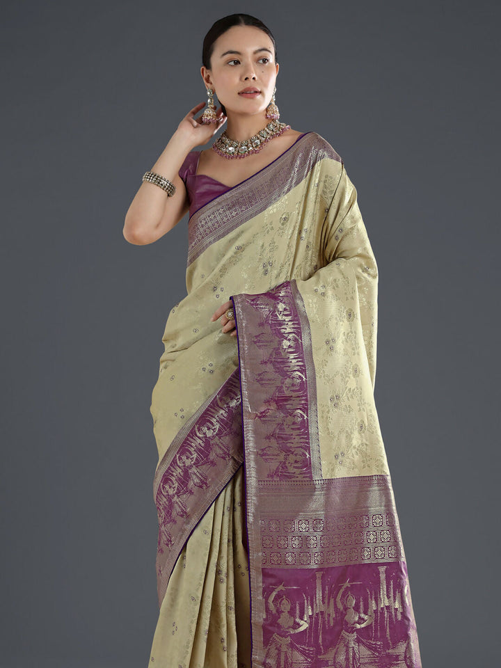 Cream Banarasi Semi Silk Saree With Zari Woven Design | SHOBITAM