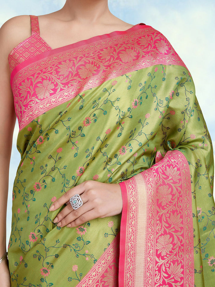Parrot Green Banarasi Tissue Silk Saree With Zari Woven Work | SHOBITAM