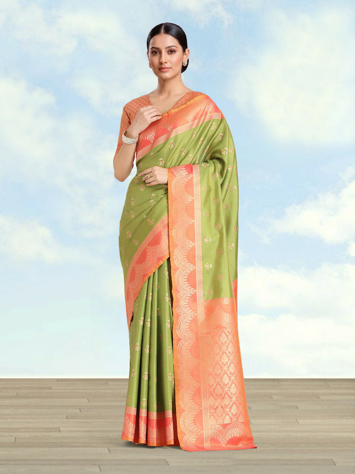 Olive Green Color Weaving Semi Banarasi Tissue Silk Saree | SHOBITAM