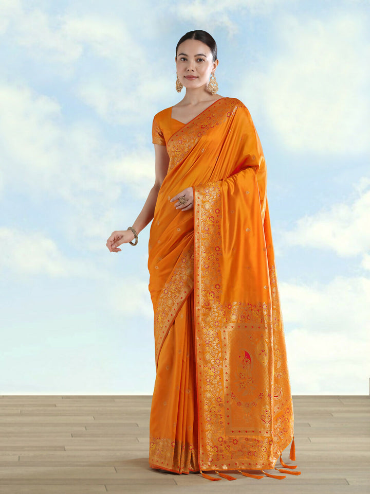 Orange Semi Banarasi Satin silk Saree With Zari Border And Butti Work  | SHOBITAM