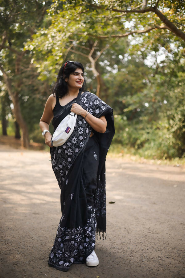 Kaalratri Kantha Stitch Saree in Cotton | SHOBITAM