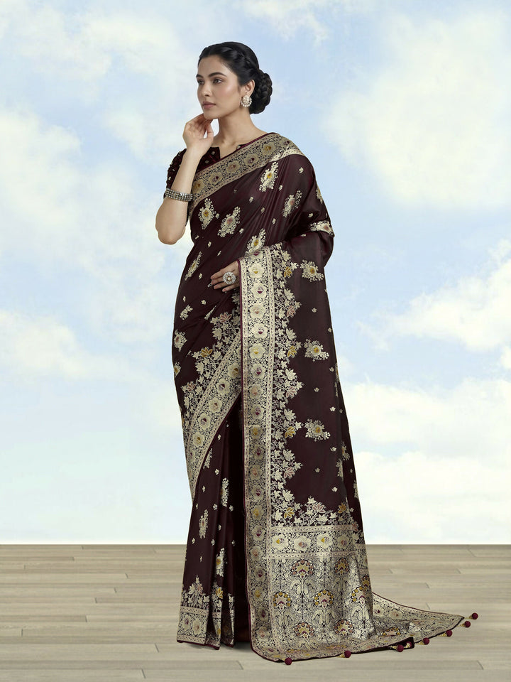 Dark Maroon Zari Woven Banarasi Satin Silk Saree | SHOBITAM
