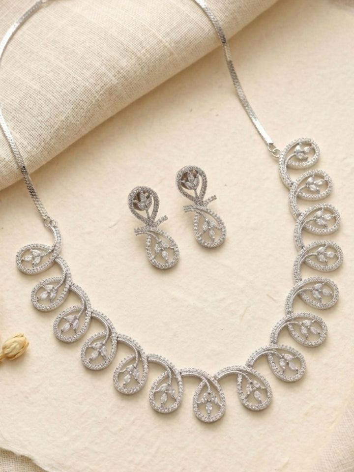 Contemporary Silver Plated American Diamond Necklace Set | shobitam