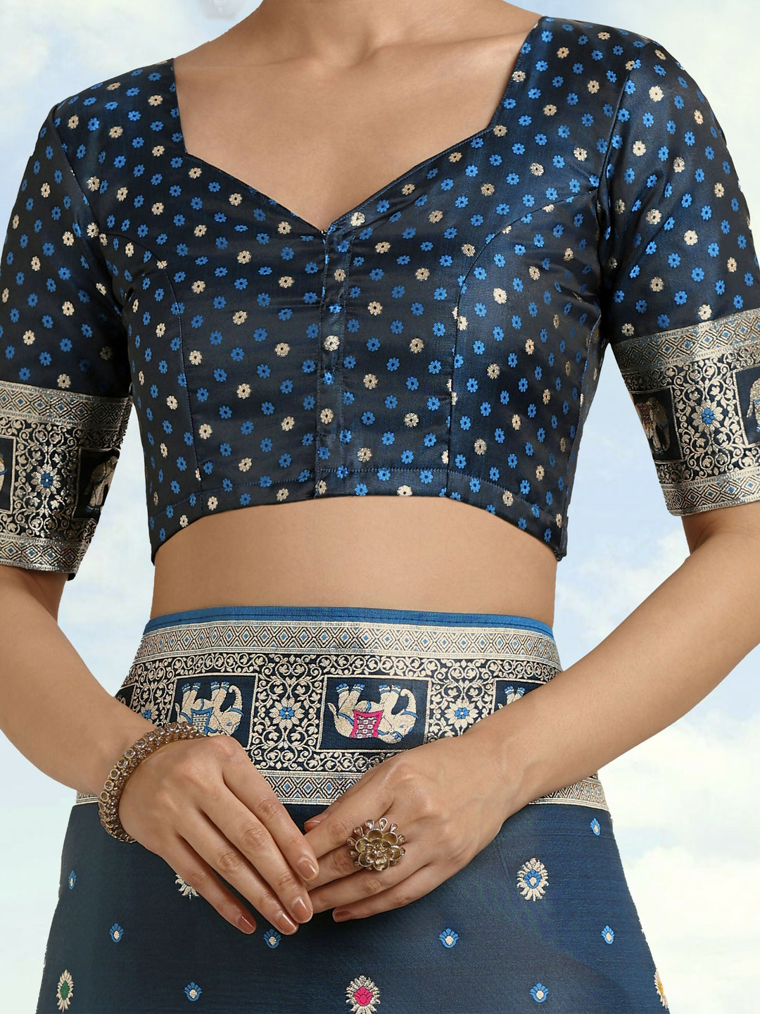 Dark Teal Woven Banarasi Satin Silk Saree | SHOBITAM