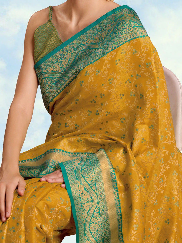 Mustard Color Zari Woven Faux Banarasi Tissue Silk Saree | SHOBITAM