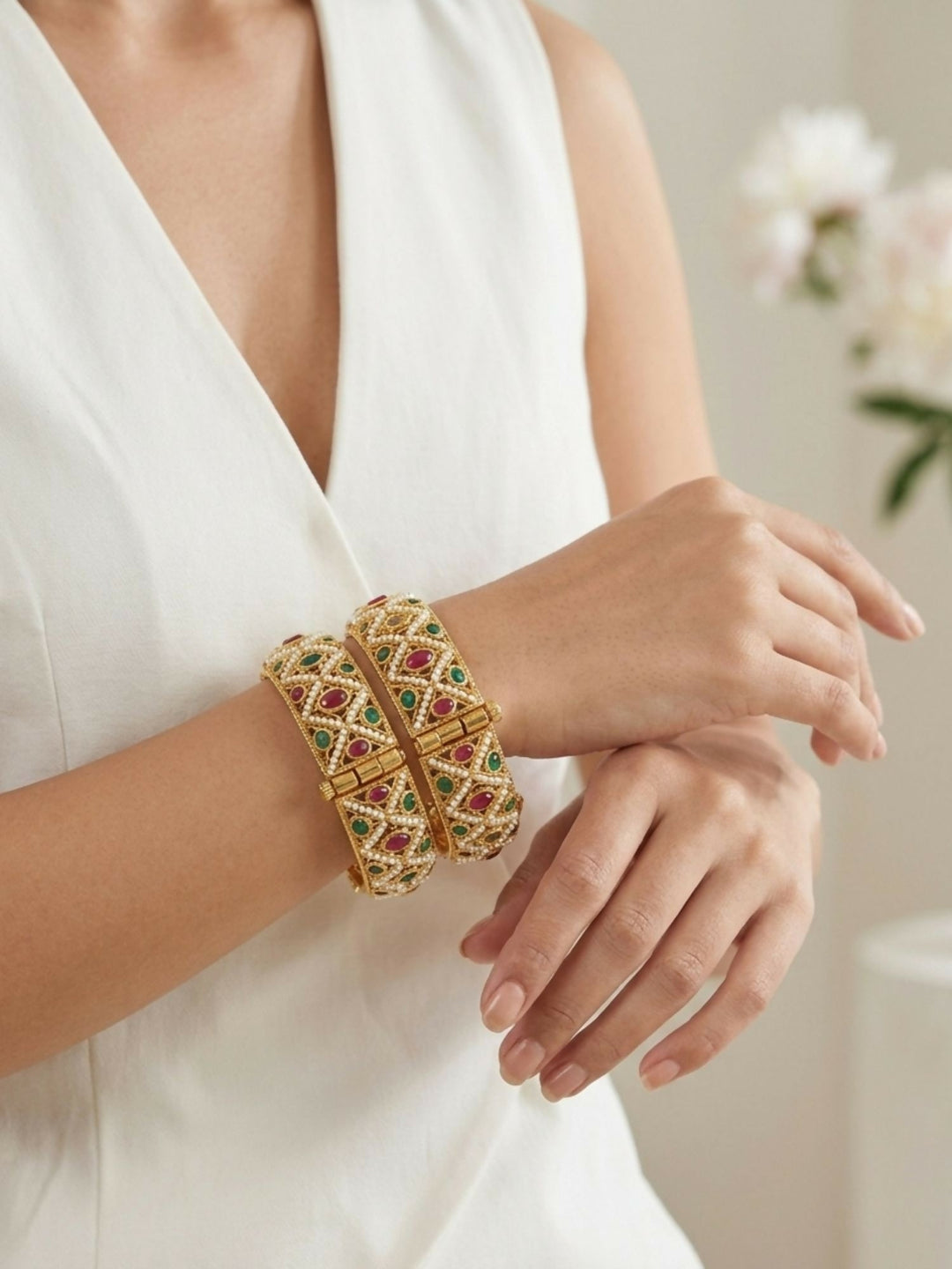 Antique Multicolour Gold Plated Polki Bangles | SHOBITAM