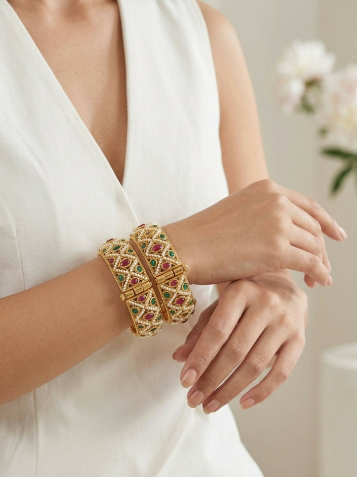 Antique Multicolour Gold Plated Polki Bangles | SHOBITAM