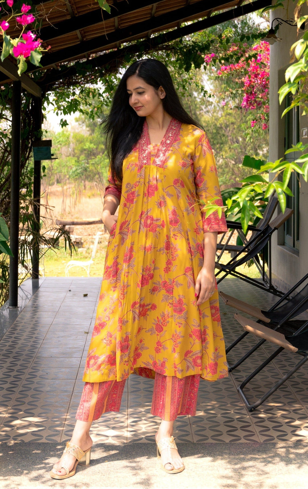 GULBAHAR Yellow Embroidered Viscose Kurta Set