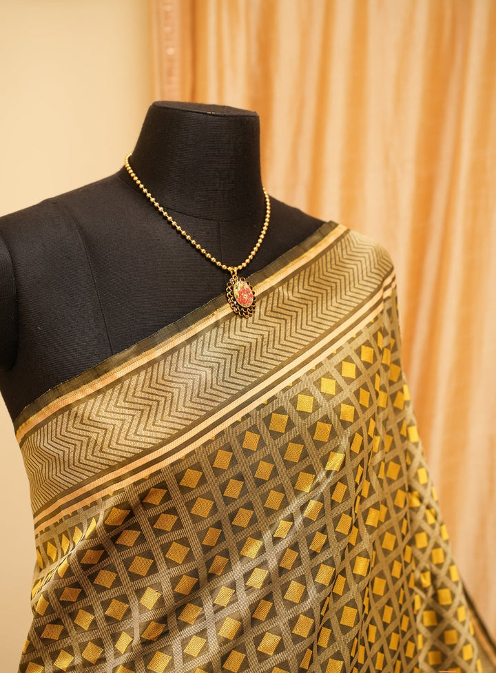 Olive Green Banarasi Tanchoi Silk Saree| SILK MARK CERTIFIED