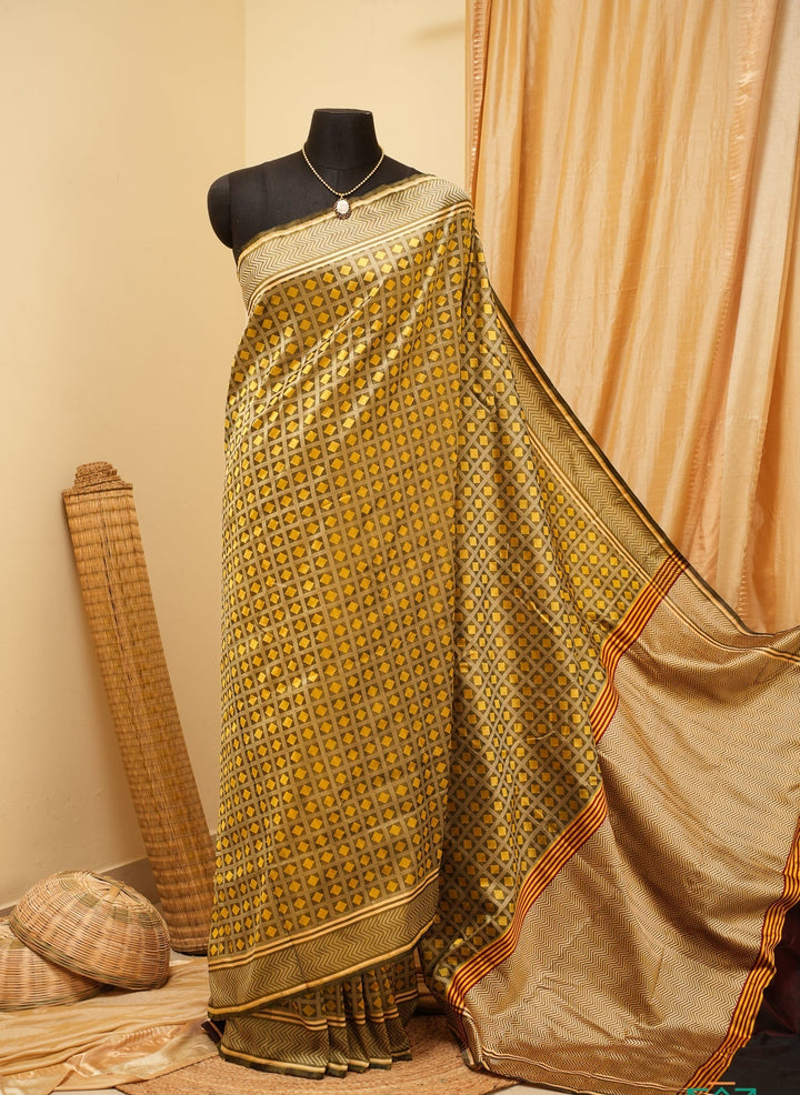Olive Green Banarasi Tanchoi Silk Saree| SILK MARK CERTIFIED