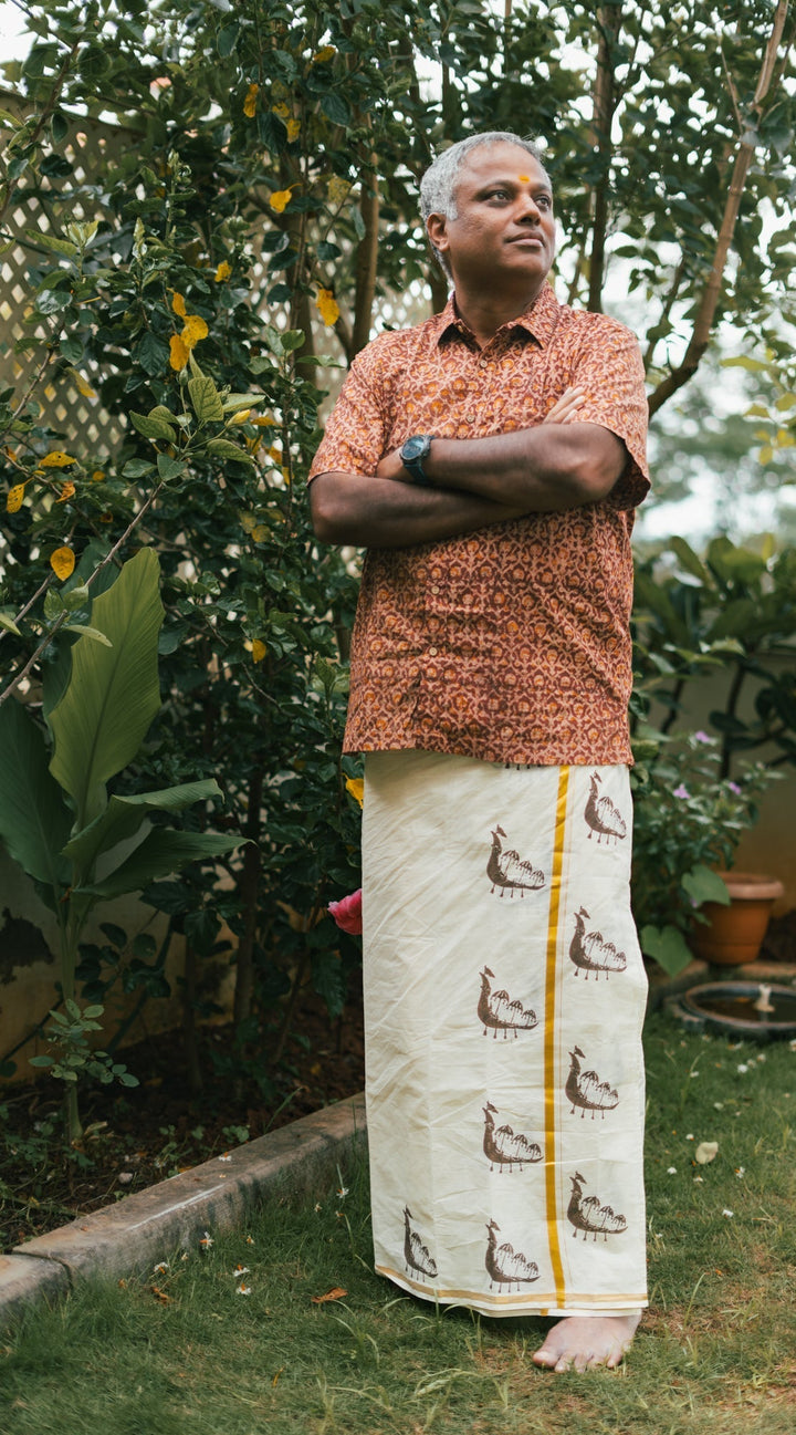 Onam Boat Handblock Mens Dhoti Vallamkali | SHOBITAM