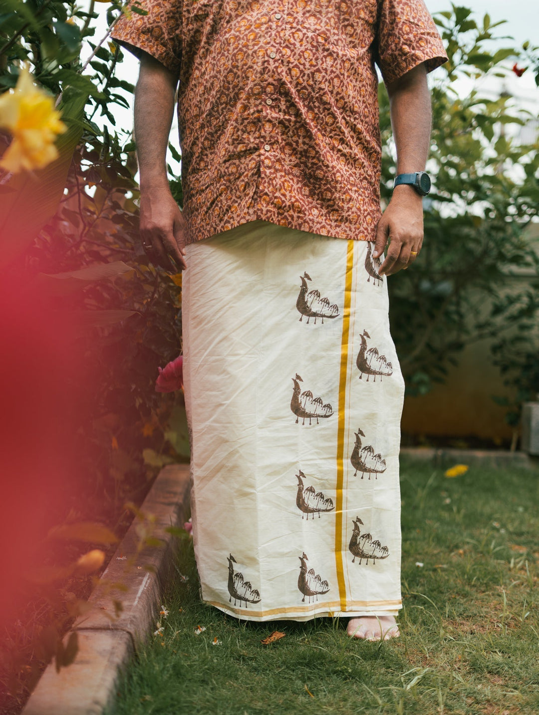 Onam Boat Handblock Mens Dhoti Vallamkali | SHOBITAM